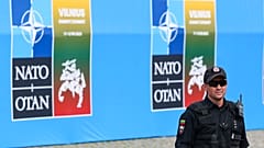 Security officers patrols at the venue of a NATO summit in Vilnius, Lithuania, Monday, July 10, 2023.