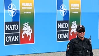 Security officers patrols at the venue of a NATO summit in Vilnius, Lithuania, Monday, July 10, 2023.