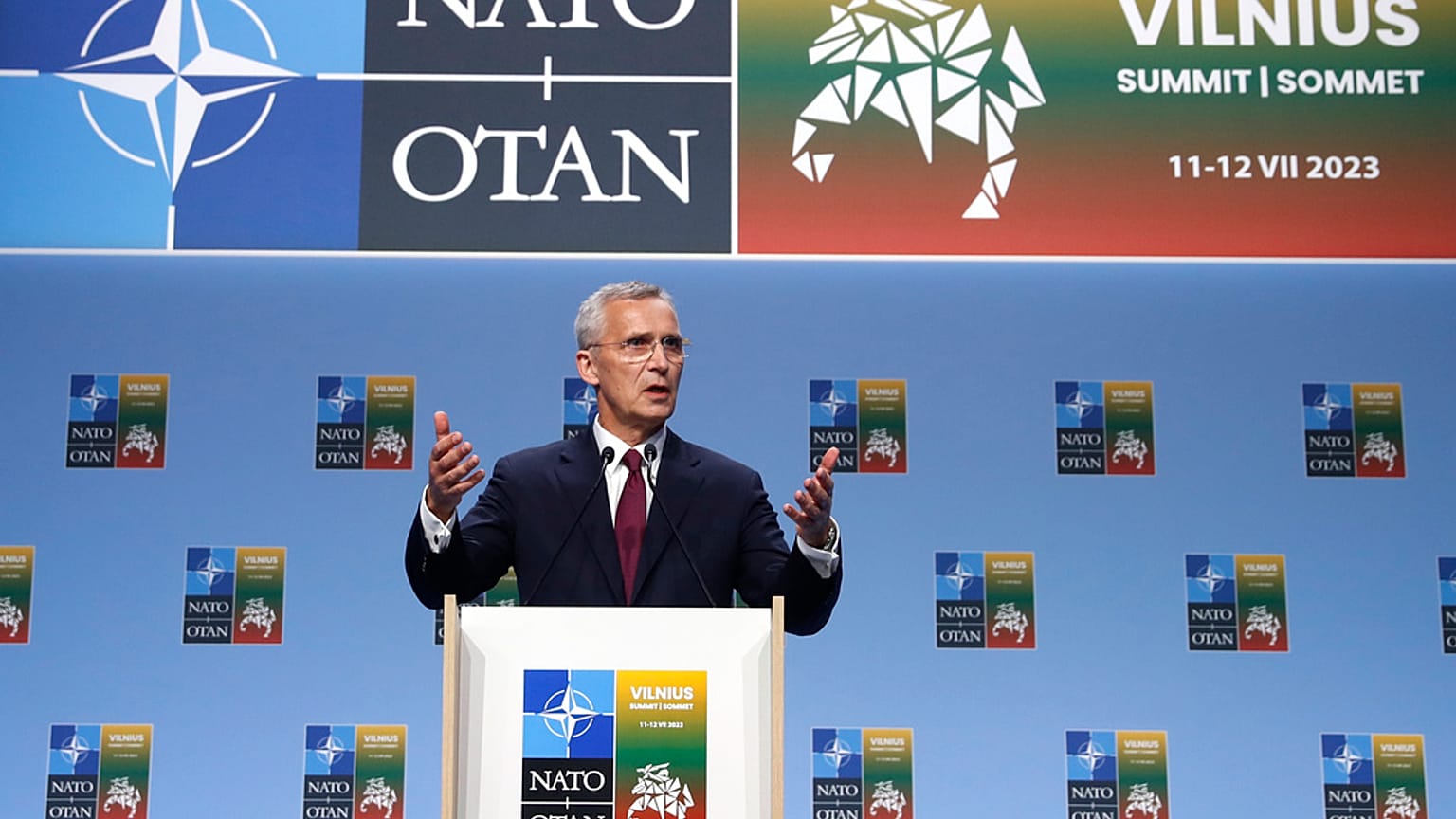 NATO Secretary General Jens Stoltenberg speaks during a media conference at the NATO summit in Vilnius, Lithuania, Tuesday, July 11, 2023.