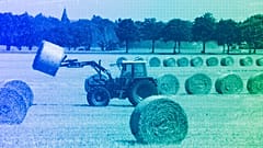 A tractor transports bales of straw on a field near Grimmen, August 2008