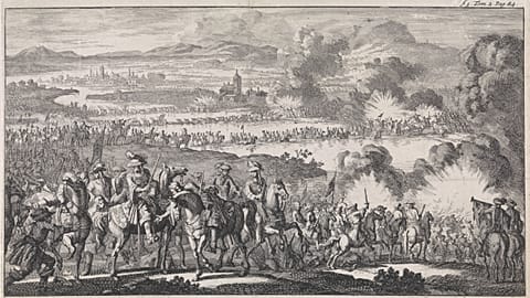 A historical etching of the Battle of the Boyne, c.1690