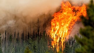 Flames from the Donnie Creek wildfire burn along a ridge top north of Fort St. John, British Columbia, Sunday, July 2, 2023.