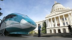 A full-scale mock-up of a high-speed train is displayed at the Capitol in Sacramento, California