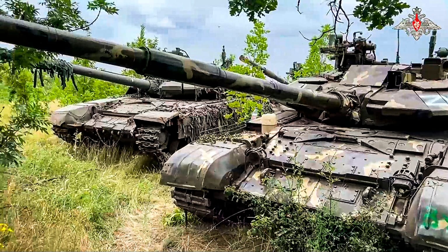In this photo released by Russian Defense Ministry Press Service, artillery systems belonging to Russia's Wagner group ahead of a handover to Russian military, July 12 2023