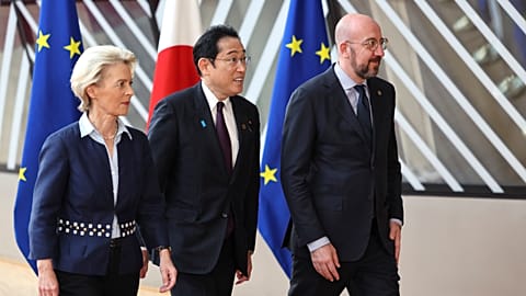 Japan's Prime Minister Fumio Kishida, with European Council President Charles Michel, and European Commission President Ursula von der Leyen at the EU-Japan Summit in 2023.
