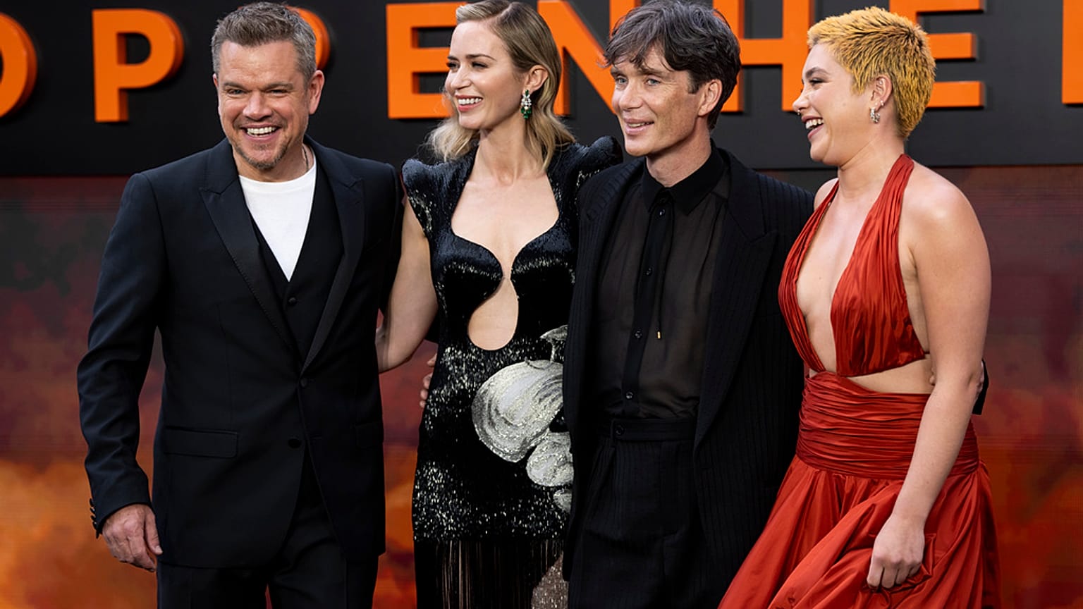 Matt Damon, from left, Emily Blunt, Cillian Murphy and Florence Pugh pose for photographers upon arrival at the London premiere of the film 'Oppenheimer'.