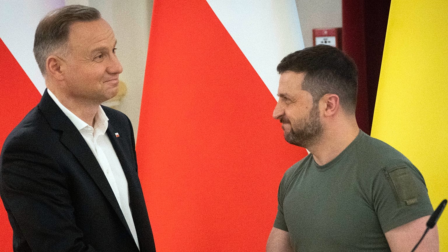 Ukrainian President Volodymyr Zelenskyy and Polish President Andrzej Duda shake hands after a news in Kyiv, Ukraine. 28 June 2023