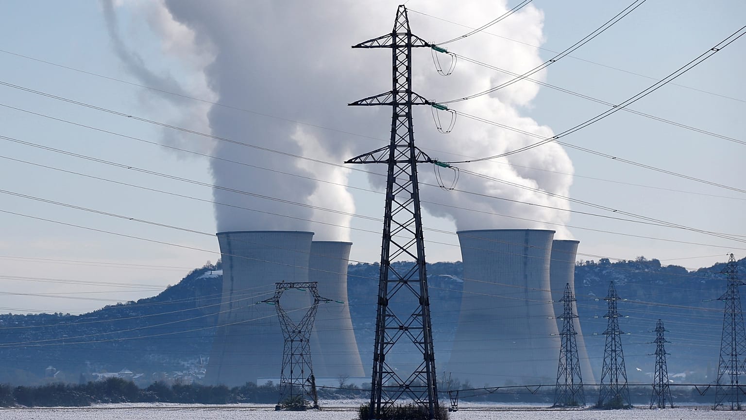 Pylons of high-tension electricity power lines are seen near the Bugey Nuclear Power Plant in Saint -Vulbas, France.