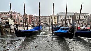 Gôndolas estacionadas durante a maré baixa em Veneza