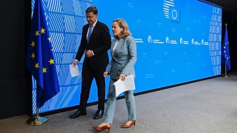 European Commission Vice-President Valdis Dombrovskis and Spain's Economy Minister Nadia Calviño briefed the press after Friday's meeting in Brussels.