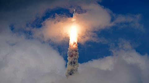 Indian spacecraft Chandrayaan-3, the word for "moon craft" in Sanskrit, blasts off from the Satish Dhawan Space Centre in Sriharikota, India.
