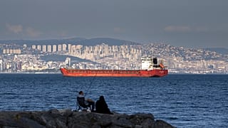 Une famille assise sur un rocher devant un cargo ancré dans la mer de Marmara attend d'avoir accès pour traverser le détroit du Bosphore à Istanbul, en Turquie, le 13 juillet 