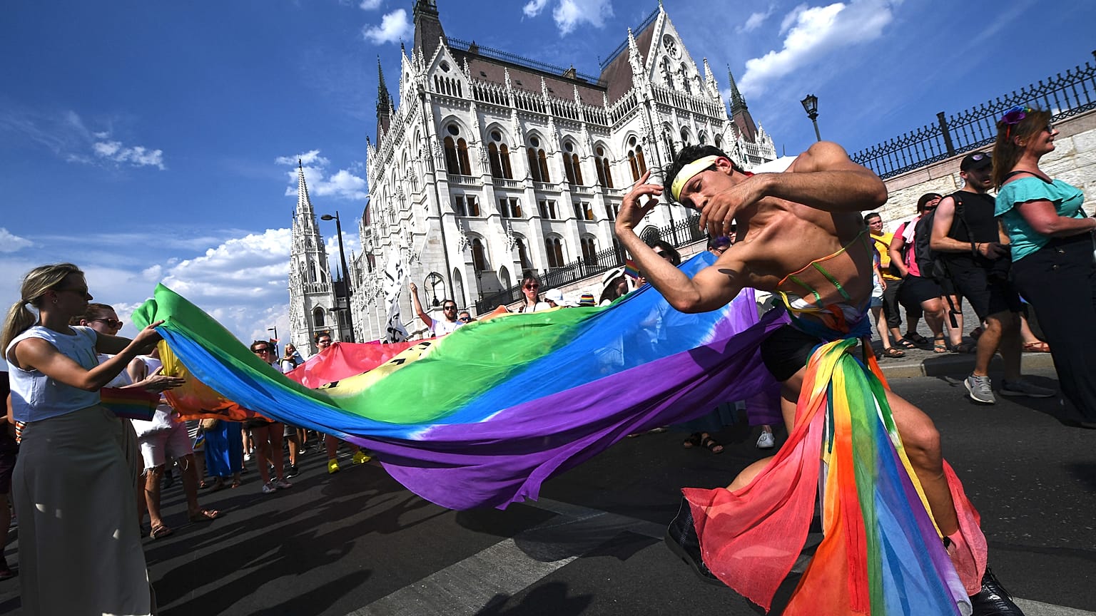 People take part in the LGBTIQA+ Pride Parade in Budapest