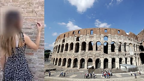 A Swiss tourist has been filmed carving her initials in Rome’s Colosseum 