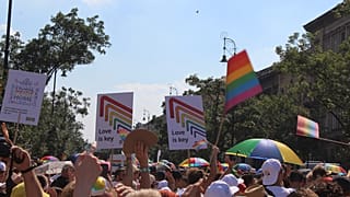 People take part in the Budapest pride march on July 15, 2023, in Hungary.
