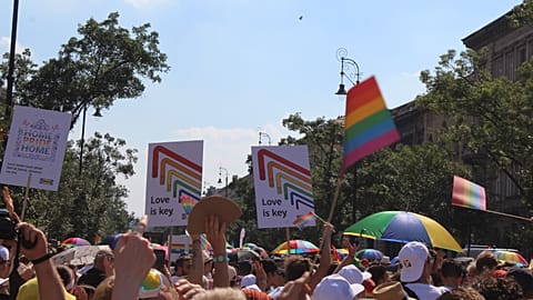 People take part in the Budapest pride march on July 15, 2023, in Hungary.