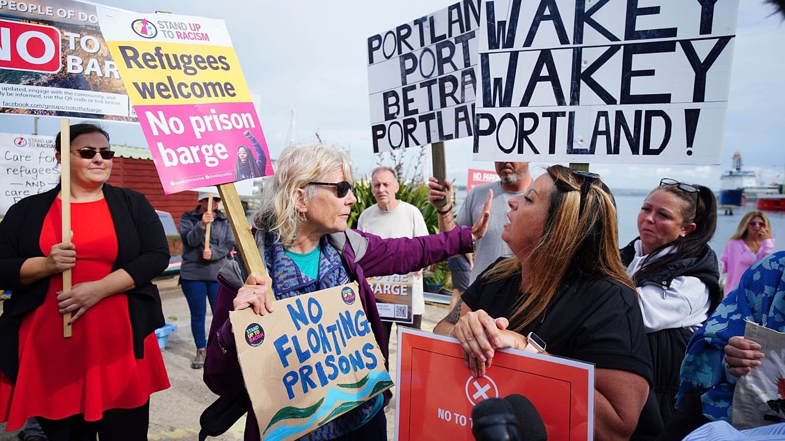 Protesters in Portland in Dorset after the Bibby Stockholm accommodation barge arrived.