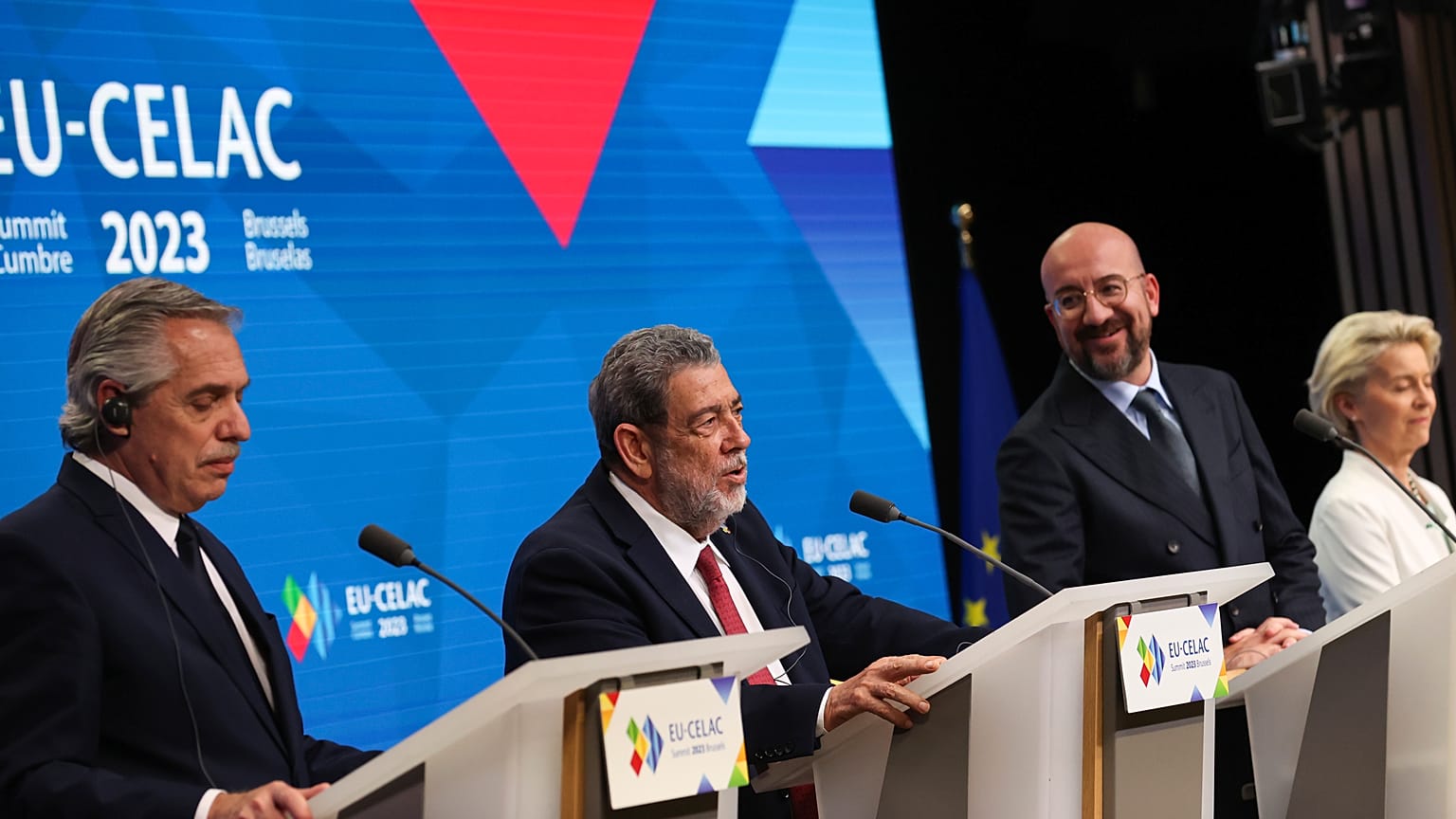 Leader speak at a joint news conference at the end of the third EU-CELAC summit in Brussels, Belgium, Tuesday, July 18, 2023