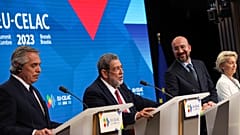 Leader speak at a joint news conference at the end of the third EU-CELAC summit in Brussels, Belgium, Tuesday, July 18, 2023