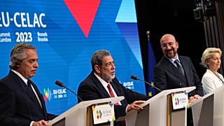 Leader speak at a joint news conference at the end of the third EU-CELAC summit in Brussels, Belgium, Tuesday, July 18, 2023