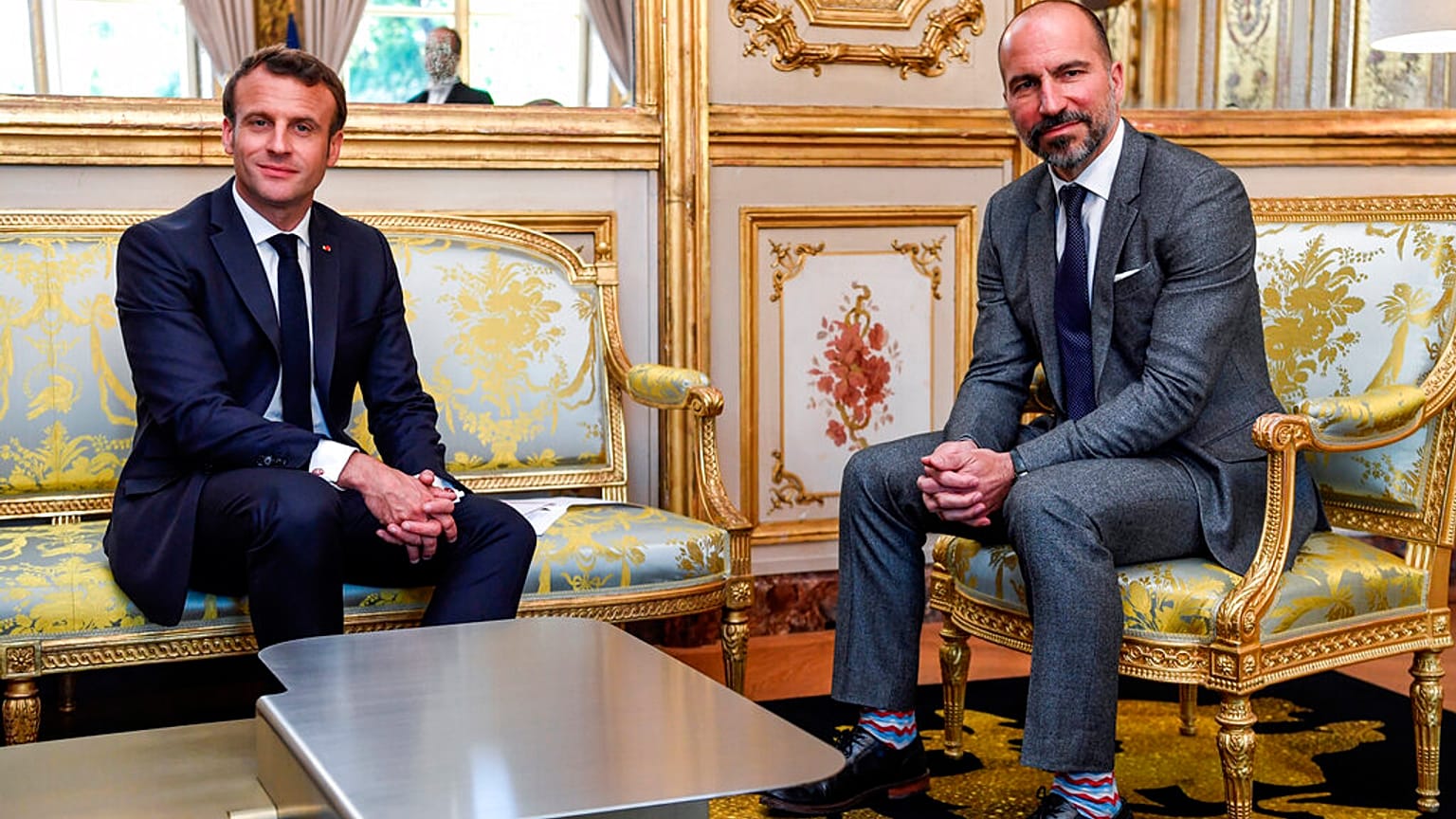 Emmanuel Macron et le PDG d'Uber Dara Khosrowshahi à l'Elysée, le 15 mai 2019. 