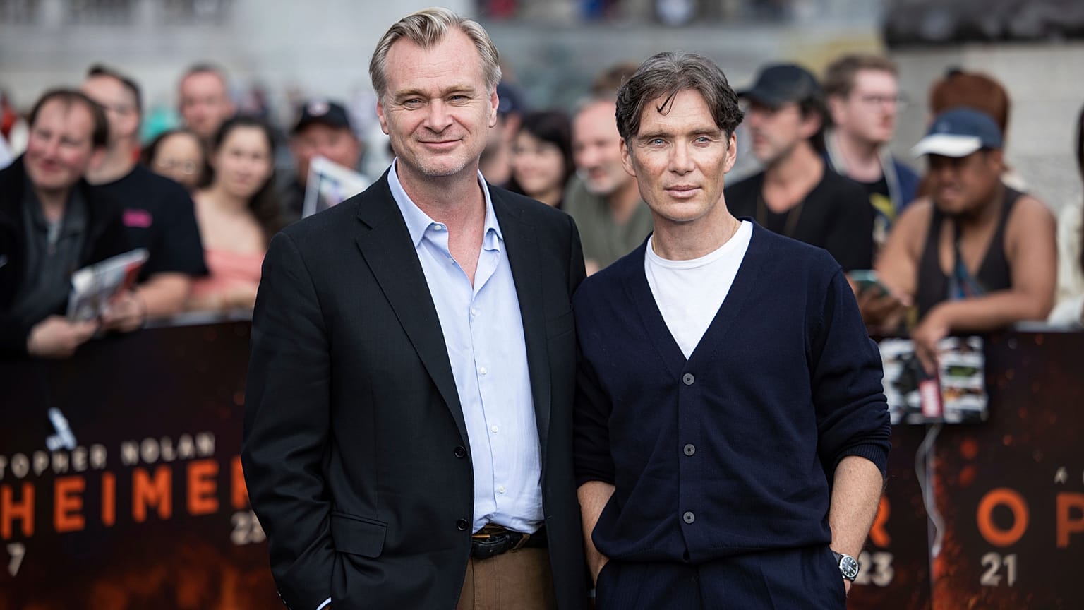 Director Christopher Nolan (left) and Cillian Murphy (right) pose for the film 'Oppenheimer' in London (12 July 2023)