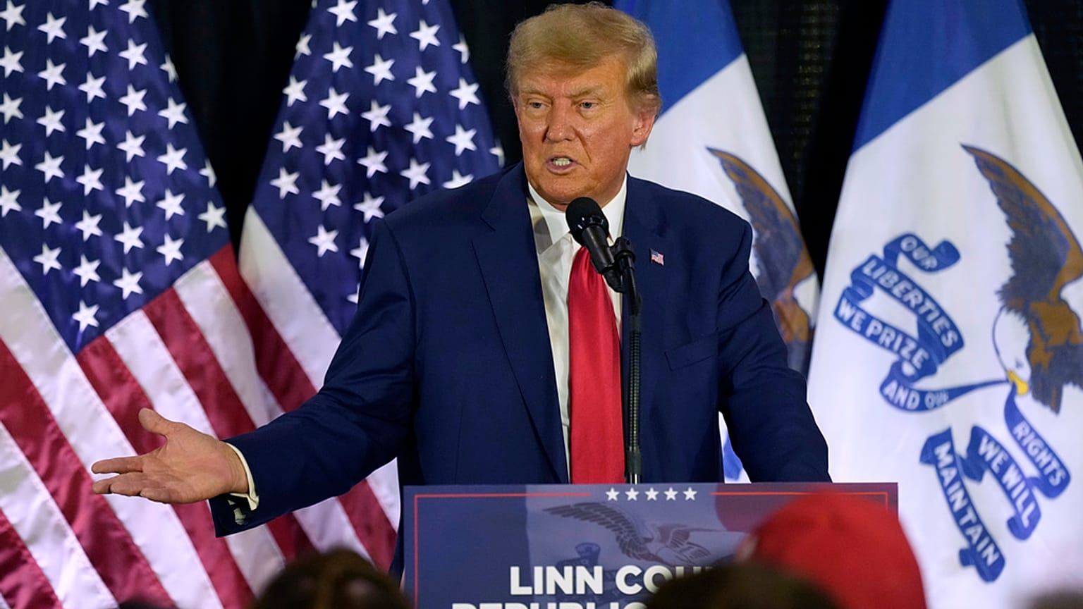 Former President Donald Trump speaks to campaign volunteers at the Elks Lodge, Tuesday, July 18, 2023, in Cedar Rapids, Iowa.