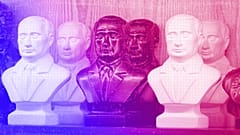 Statuettes depicting Russian President Vladimir Putin are displayed for sale at a souvenir shop in St. Petersburg, July 2023