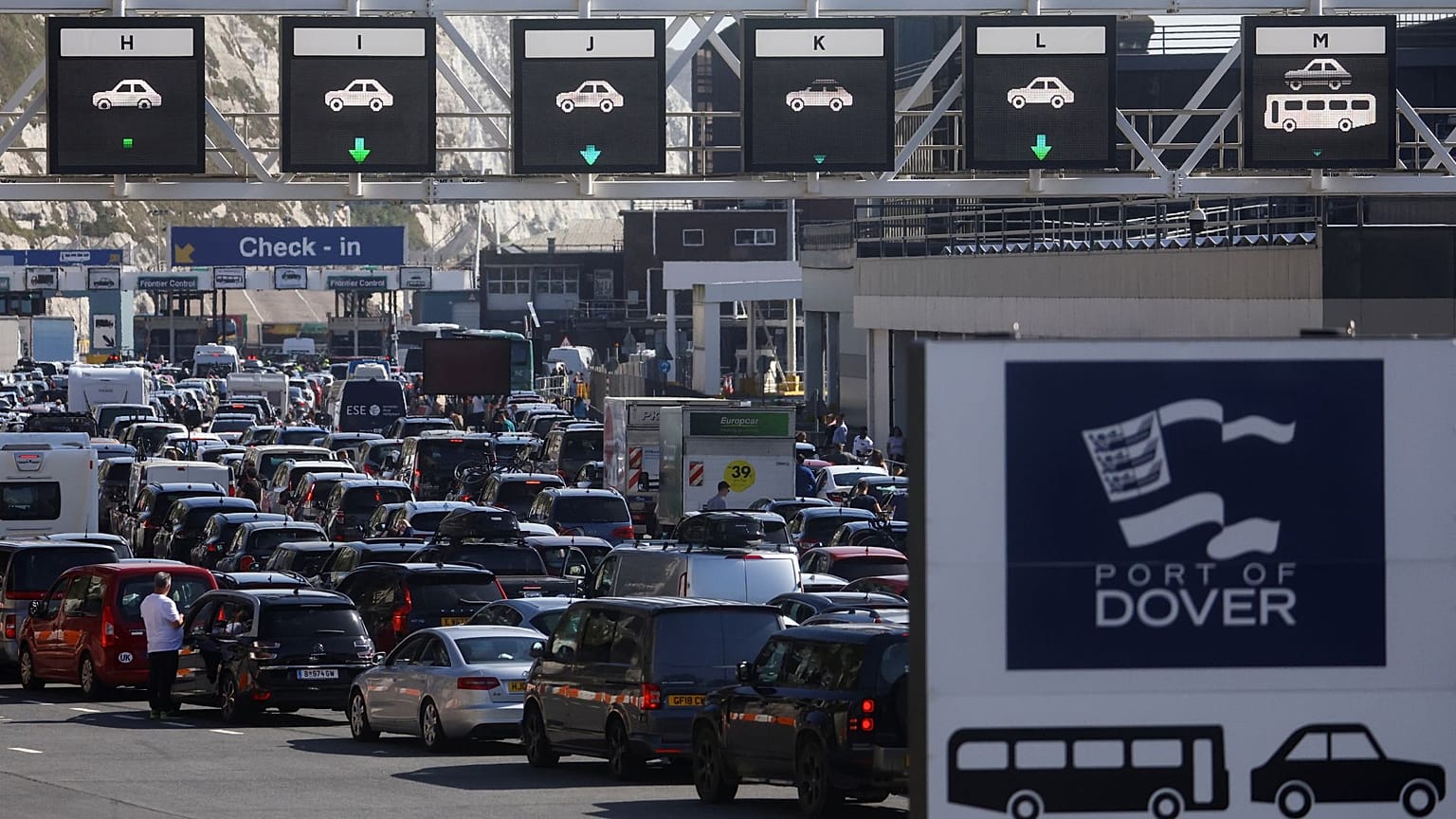 Vehicles queue up at the entrance to the Port of Dover, during the Easter Bank Holiday weekend, in Dover, Britain, 15 April 2022. 