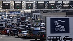 Vehicles queue up at the entrance to the Port of Dover, during the Easter Bank Holiday weekend, in Dover, Britain, 15 April 2022. 