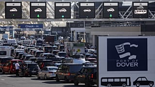 Vehicles queue up at the entrance to the Port of Dover, during the Easter Bank Holiday weekend, in Dover, Britain, 15 April 2022. 
