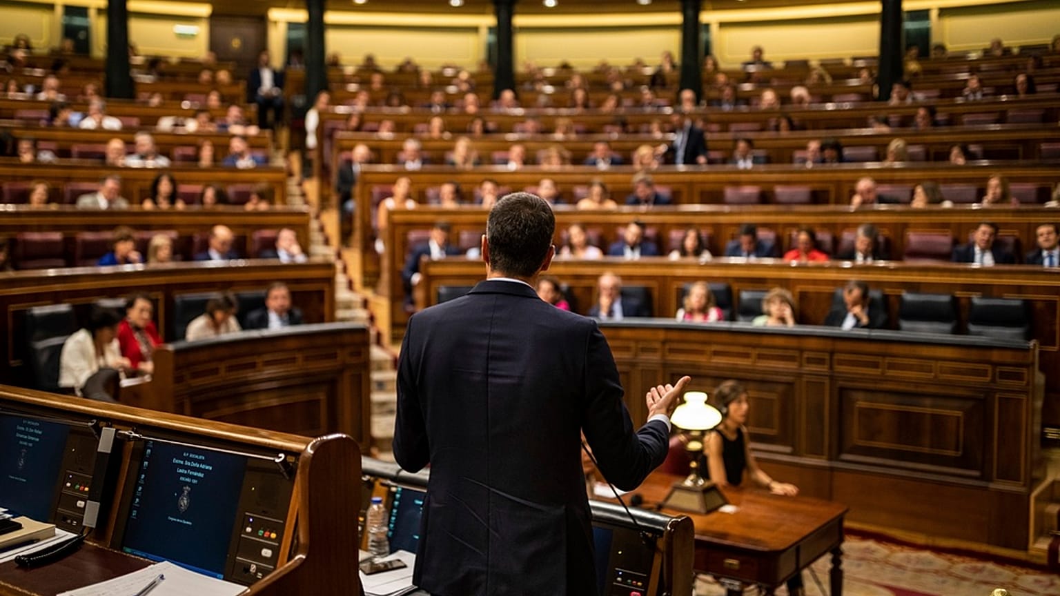 rime Minister Pedro Sánchez, center, gives a reply to United Podemos (United We Can) party leader Pablo Iglesias during the parliamentary debate at the Spanish parliament.