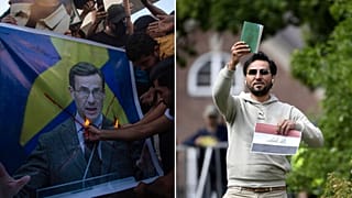 على اليمين اللاجئ العراقي الذي مزق القرآن، على اليسار محتجون في بغداد يحرقون صورة لرئيس وزراء السويد