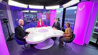 Host Méabh Mc Mahon with Marc Botenga, Michiel P. Hoogeveen and Shada Islam 