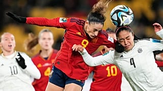 Spain's Esther Gonzalez, left, and Costa Rica's Mariana Benavides compete to head for the ball during the Women's World Cup Group C match.