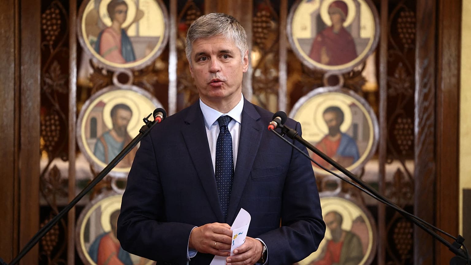Ukraine's ambassador to the UK, Vadym Prystaiko speaks during a prayer service at Ukrainian Catholic Cathedral, in London, on July 8, 2023