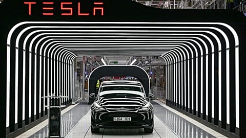 An electric vehicle of the model Y is pictured during the start of the production at Tesla's "Gigafactory" on March 22, 2022 in Gruenheide, southeast of Berlin. 