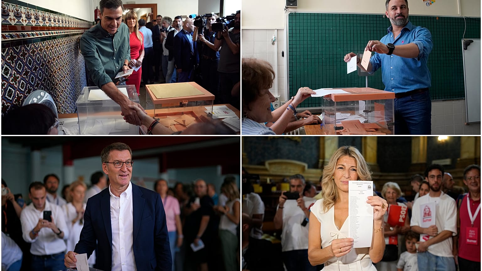 Arriba a la izquierda, el presidente del Gobierno (PSOE), Pedro Sánchez; abajo, Alberto Núñez Feijóo (PP), Yolanda Díaz (Sumar) y arriba, Santiago Abascal del partido Vox.