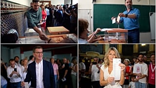 Arriba a la izquierda, el presidente del Gobierno (PSOE), Pedro Sánchez; abajo, Alberto Núñez Feijóo (PP), Yolanda Díaz (Sumar) y arriba, Santiago Abascal del partido Vox.