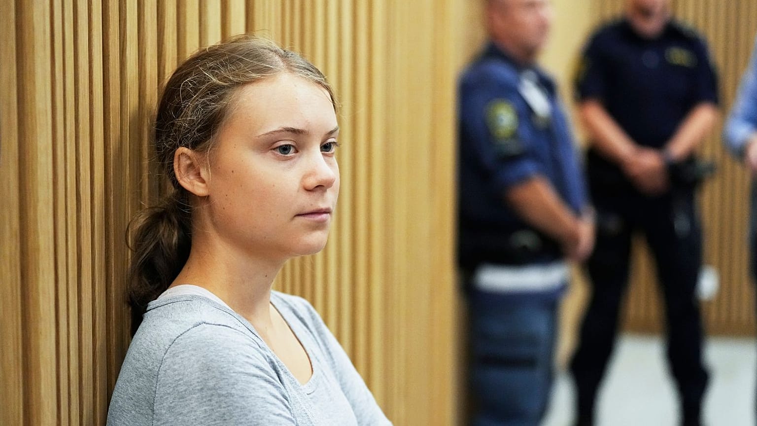 Climate activist Greta Thunberg waits for a hearing in a court in Malmo, Sweden on Monday.