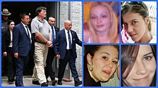 A feltételezett, hústorony alkatú sorozatgyilkost kísérik a rendőrök, jobbra áldozatai