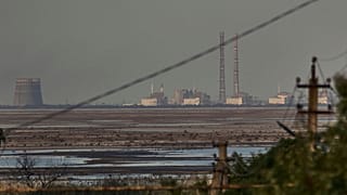 The Zaporizhzhia nuclear power plant, Europe's largest, is seen in the background of the Kakhovka Reservoir.