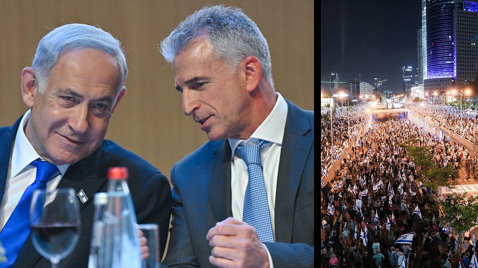 (1) Netanjahu és Barnea Moszad-igazgató - (2) tüntetés Tel-Avivban