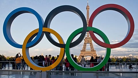 The Olympic rings are set up at Trocadero plaza that overlooks the Eiffel Tower