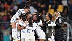 The Philippines celebrate their victory following the Women's World Cup Group A soccer match between New Zealand and Philippines in Wellington, New Zealand, Tuesday, July 25