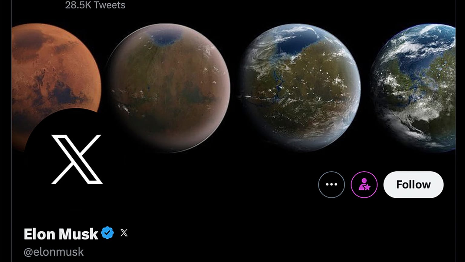 صفحة إيلوم ماسك على تويتر مع شعار X الجديد، نيويورك، 24 تموز 2023.