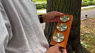 An activist recording the temperature under a tree in Rzeszów.