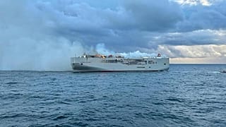 The photo taken by the Dutch Coastguard shows the vessel still on fire in the North Sea