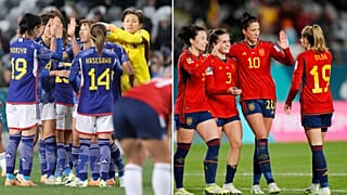 على اليمين المنتخب الإسباني للسيدات، وعلى اليسار المنتخب الياباني
