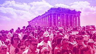 Atop the Acropolis ancient hill, tourists visit the Parthenon temple, background, in Athens, July 2023